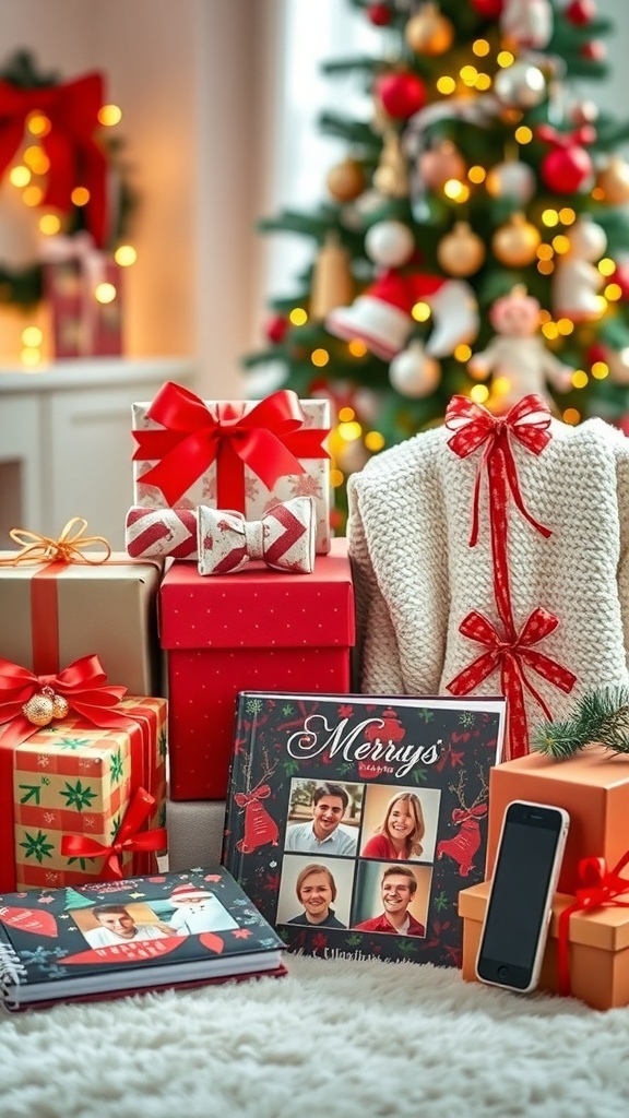 A festive arrangement of Christmas gifts including wrapped presents, a cozy blanket, and a tech gadget, with a Christmas tree in the background.